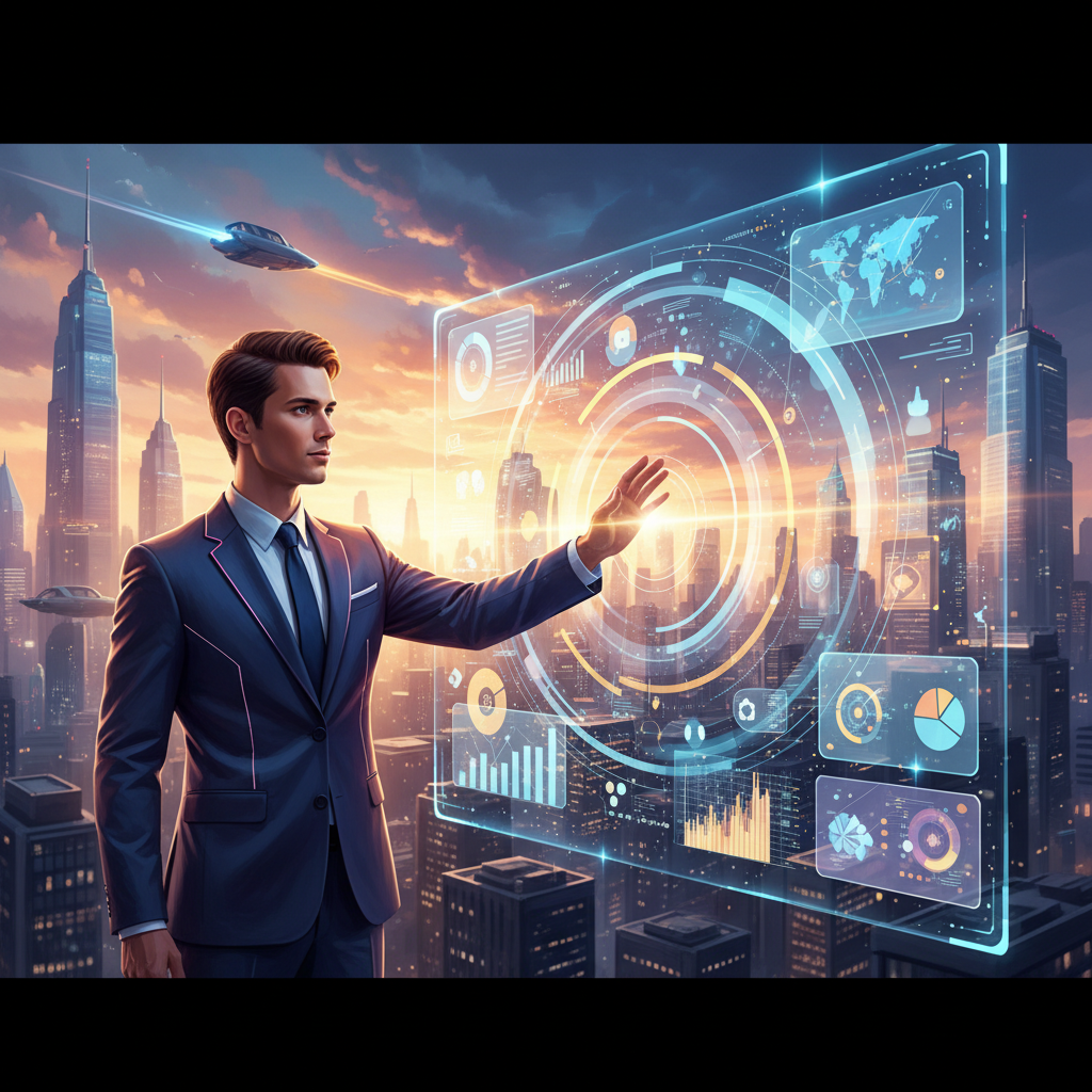 An editorial illustration shows a marketer using a futuristic AI dashboard to launch a successful campaign, symbolizing the power of AI marketing tools in 2026.